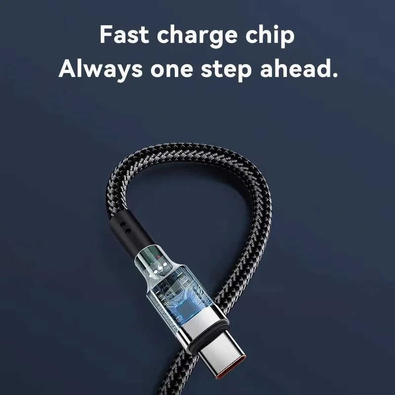Fast charge chip with braided cable on a dark background. Dual Type C charging Cable.