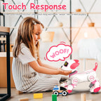 Child playing with a robot dog toy that barks 'woof' when touched, in a home setting.