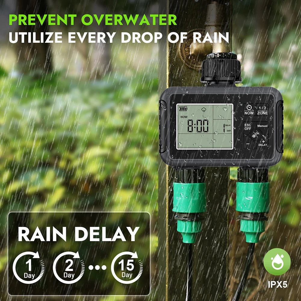 Garden irrigation timer with rain delay feature in a rain-themed setting