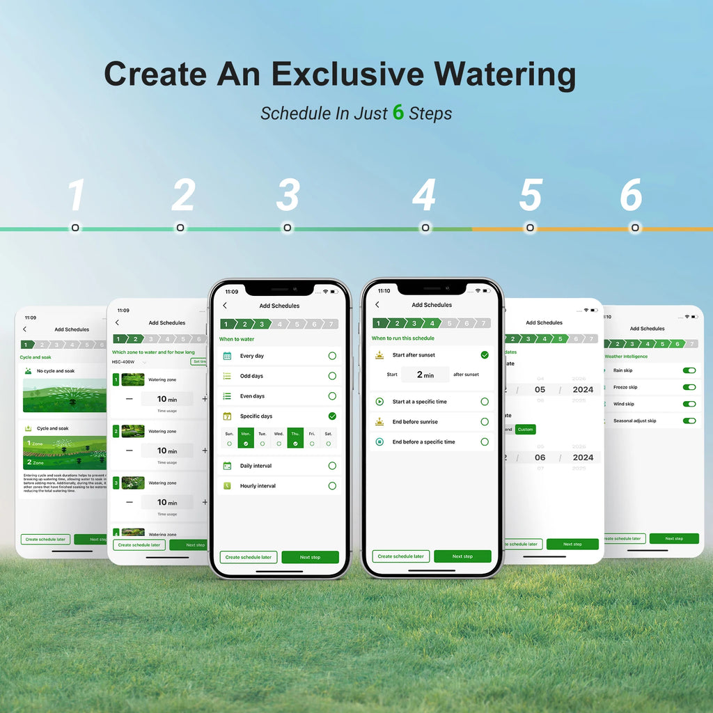 Step-by-step guide on creating an exclusive watering schedule using a smartphone app with grass background.