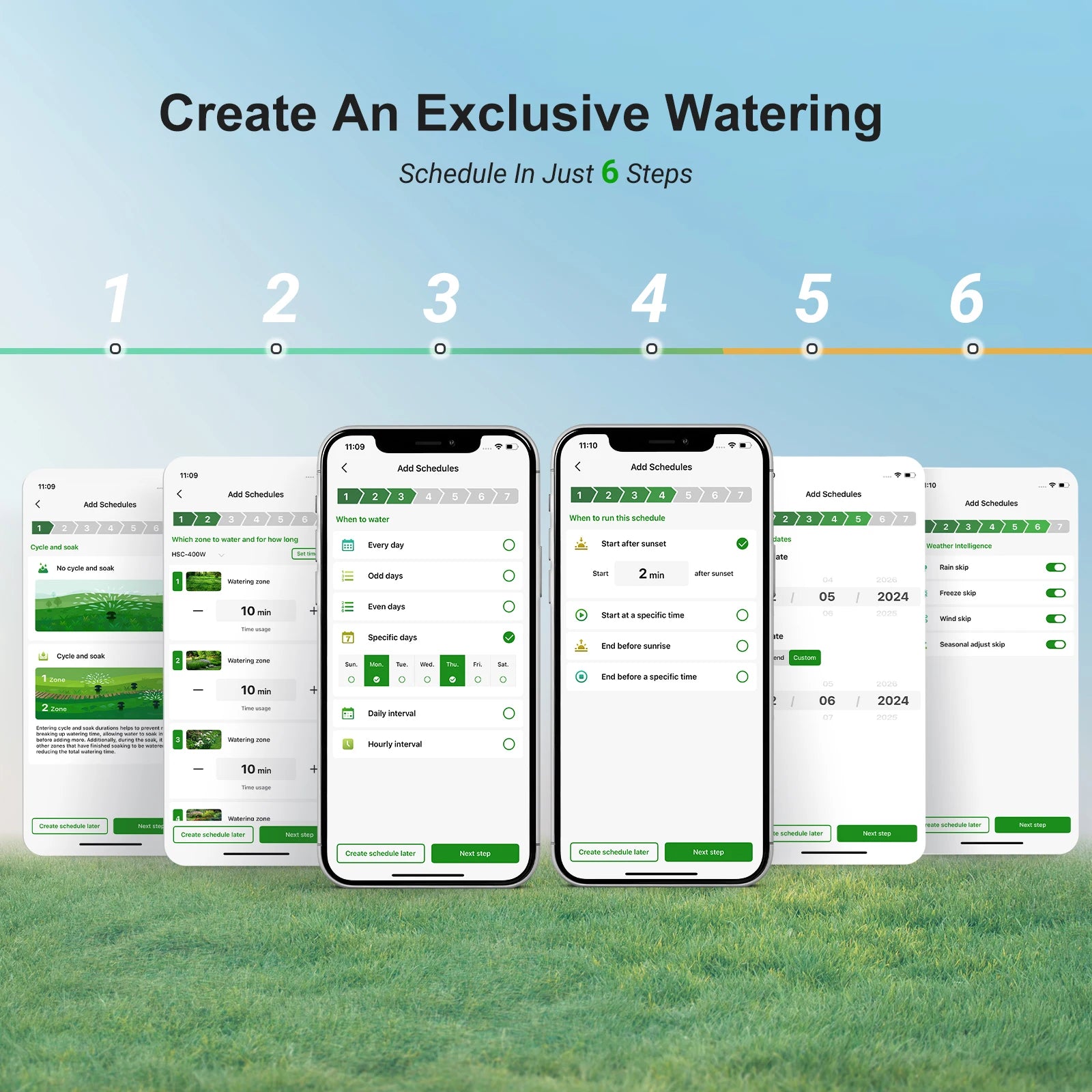 Step-by-step guide on creating an exclusive watering schedule using a smartphone app with grass background.