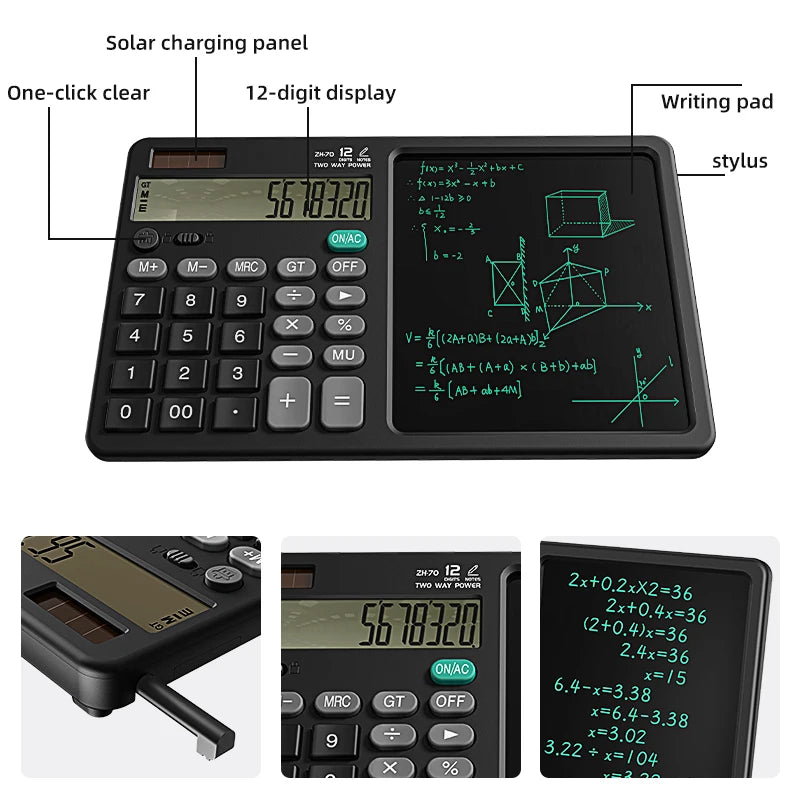 Multifunctional device with calculator, solar panel, and writing pad on a white background