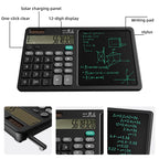 Multifunctional device with calculator, solar panel, and writing pad on a white background