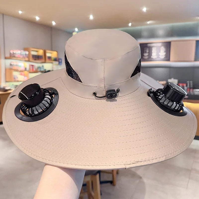 Solar Sun Hat with Cooling Fan – UV Protection Outdoor Bucket Hat for Camping & Fishing