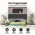 VIA Programmable keyboard setup on a desk with computer monitor and books.