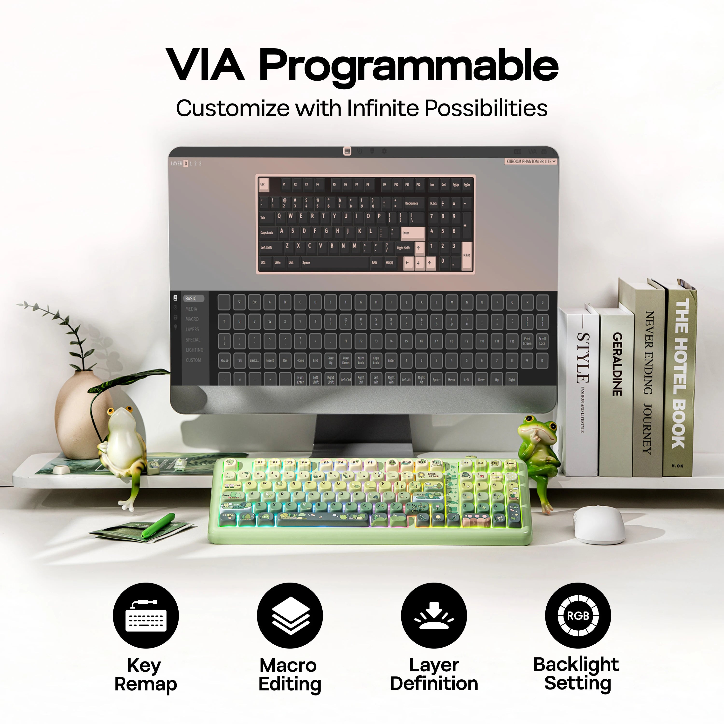 VIA Programmable keyboard setup on a desk with computer monitor and books.