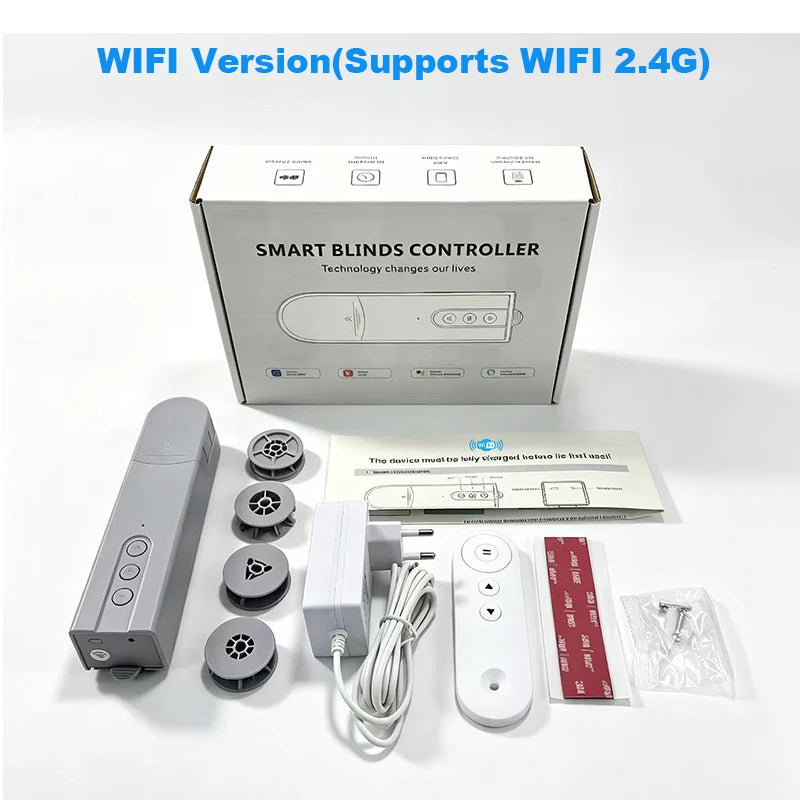 Smart blinds controller set with packaging on a white background