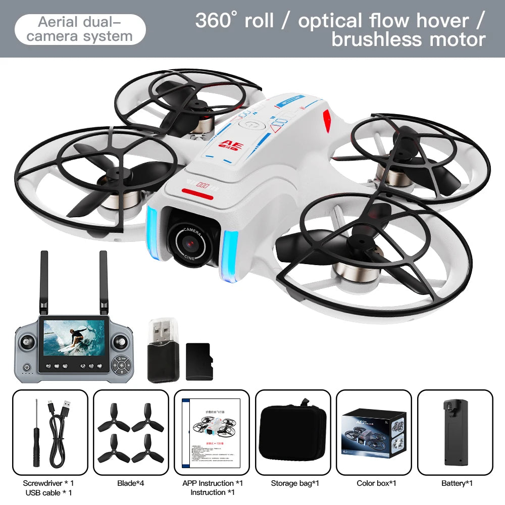 White drone with black propellers and camera, accompanied by a remote control and accessories on a gray background.