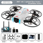 White drone with black propellers and camera, accompanied by a remote control and accessories on a gray background.