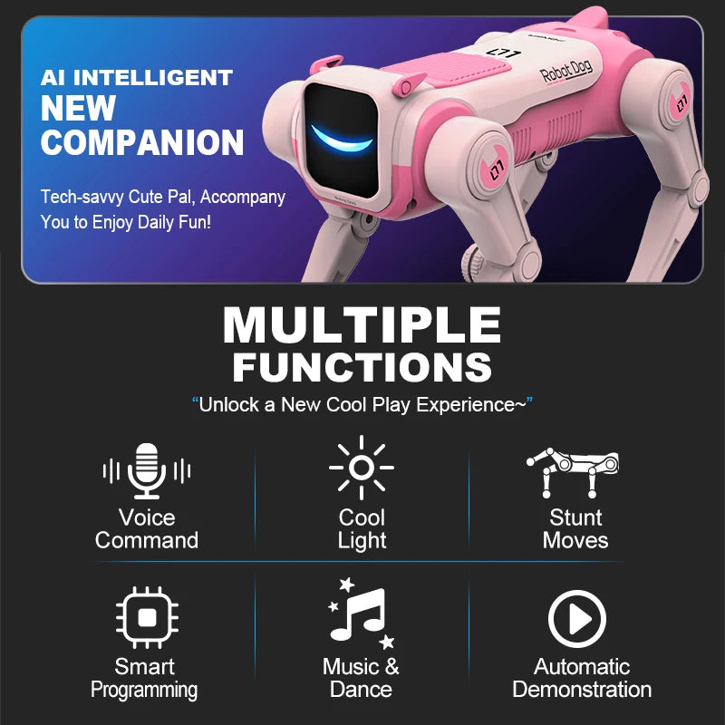 Pink and white robot dog with text about its features and functions on a dark background