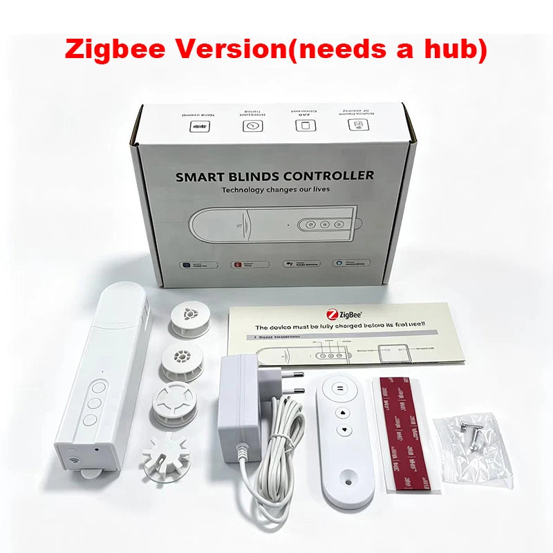 Smart blinds controller set with packaging on a white background