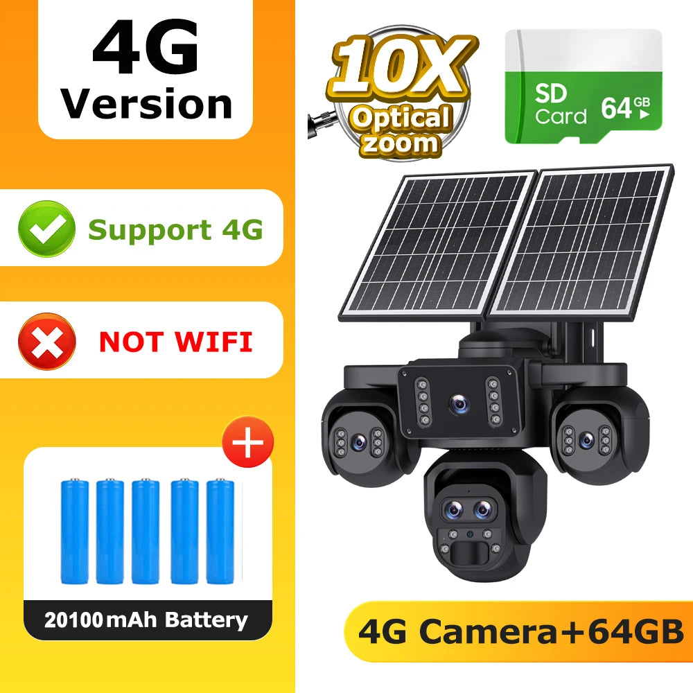 A promotional graphic for a 4G solar-powered security camera kit. The main product shown is a black multi-angle outdoor camera with two solar panels mounted on top, alongside an SD card graphic labeled 64GB and a battery graphic labeled 20100mAh.