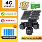 A promotional graphic for a 4G solar-powered security camera kit. The main product shown is a black multi-angle outdoor camera with two solar panels mounted on top, alongside an SD card graphic labeled 64GB and a battery graphic labeled 20100mAh.