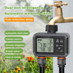 Automatic watering device with digital display and rain induction delay feature, set against a garden background.