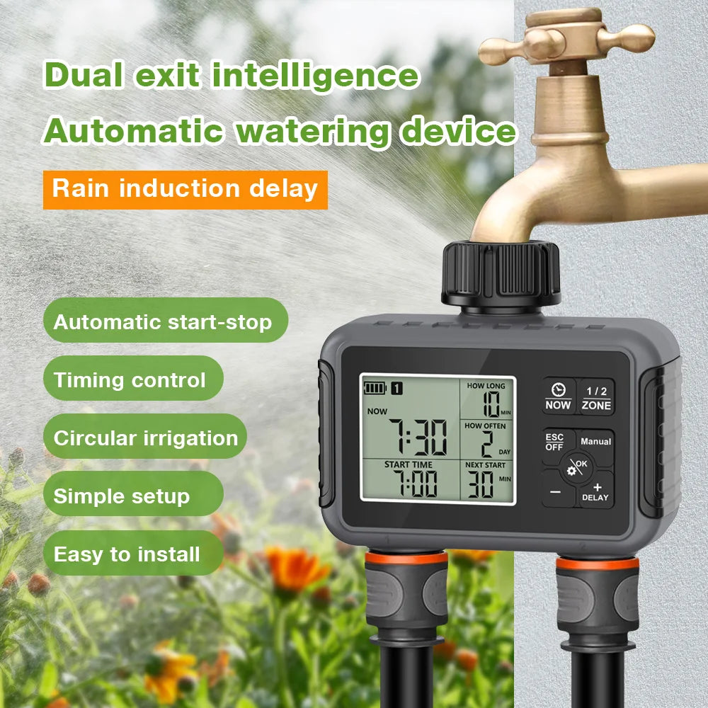 Automatic watering device with digital display and rain induction delay feature, set against a garden background.