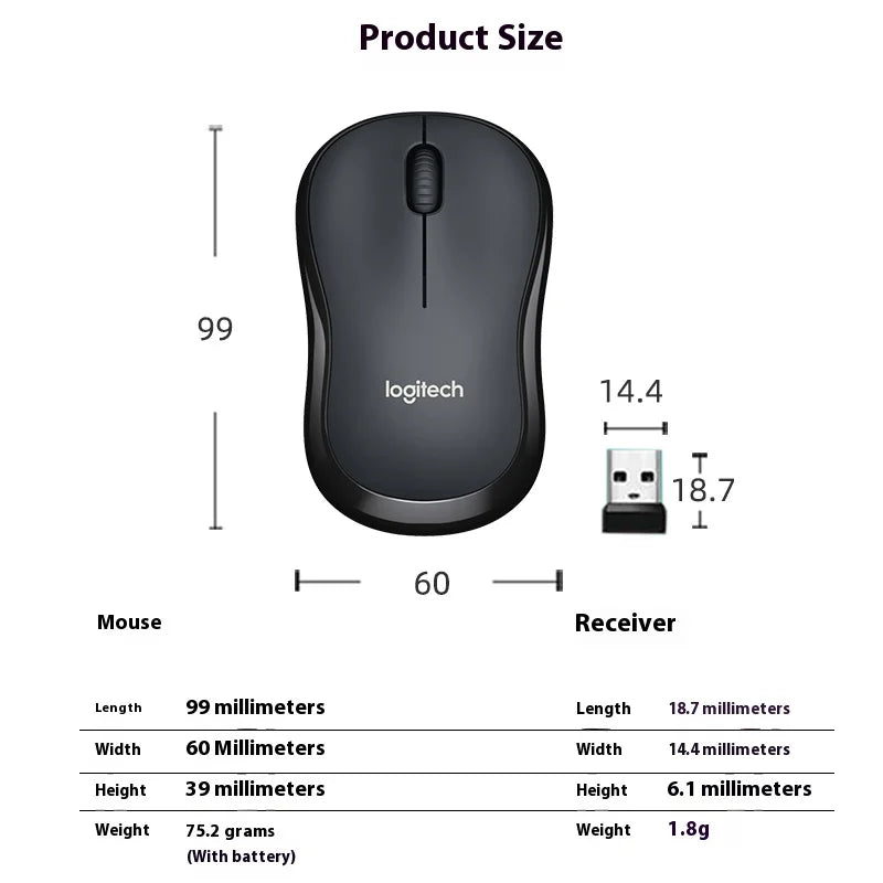 Logitech mouse with measurements on a white background
