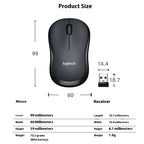 Logitech mouse with measurements on a white background