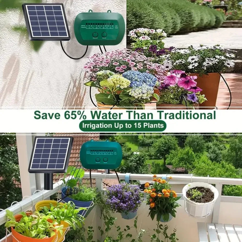 Solar-powered irrigation system with plants and text highlighting water savings.