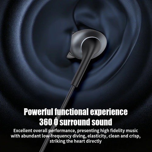 In-ear headphones with text highlighting '360° surround sound' and 'powerful functional experience'.