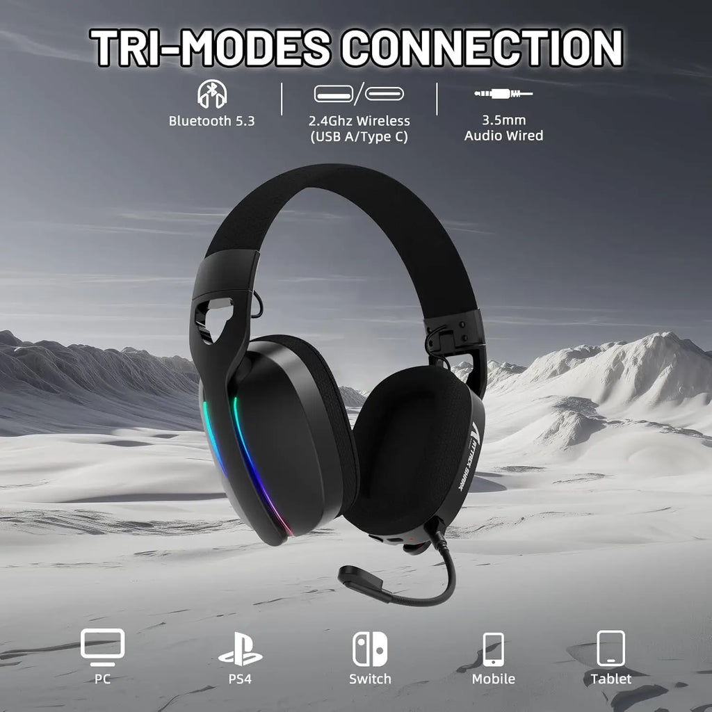 Black gaming headset with RGB lighting on a snowy mountain background, featuring connectivity modes.