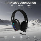 Black gaming headset with RGB lighting on a snowy mountain background, featuring connectivity modes.