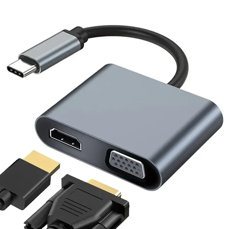 Multifunctional adapter with USB-C, HDMI, and VGA connectors on a white background