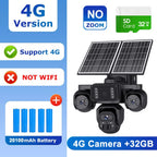 A 4G solar-powered security camera kit shown on a white and blue promotional graphic. The product includes a black dome camera, two side-facing cameras, a dual-panel solar panel, and a green SD card labeled 32GB.