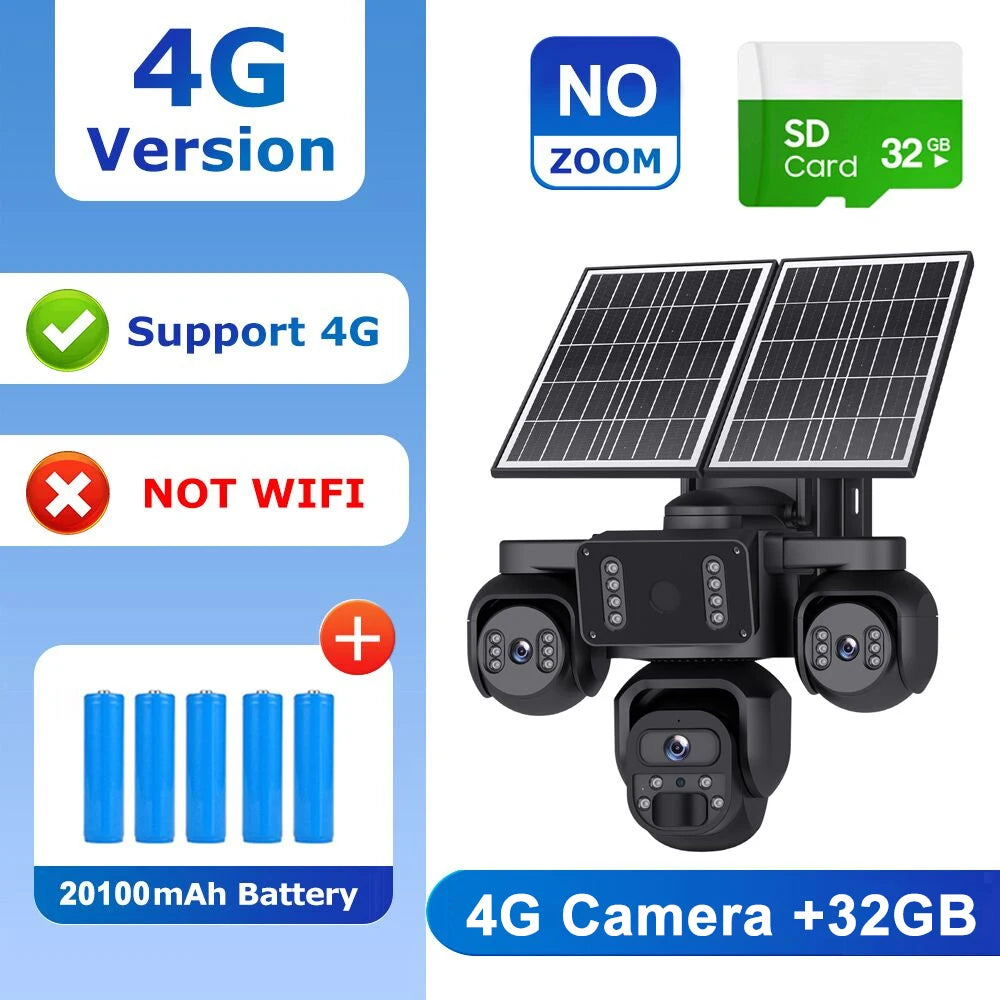 A 4G solar-powered security camera kit shown on a white and blue promotional graphic. The product includes a black dome camera, two side-facing cameras, a dual-panel solar panel, and a green SD card labeled 32GB.