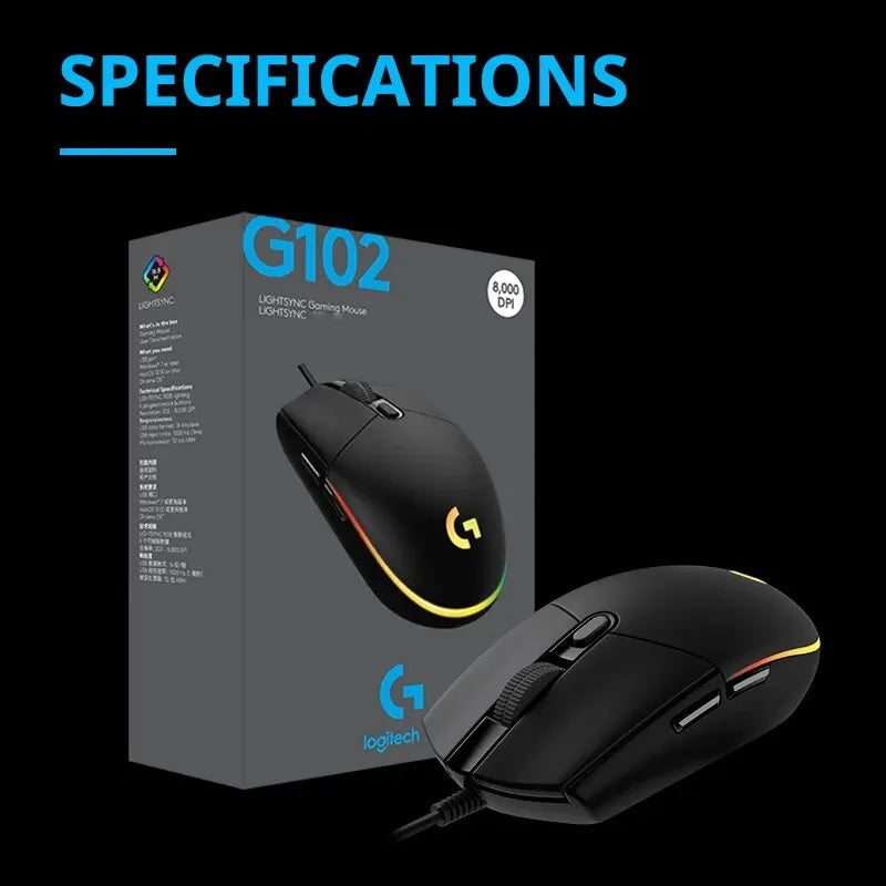 Logitech G102 gaming mouse with packaging on a black background