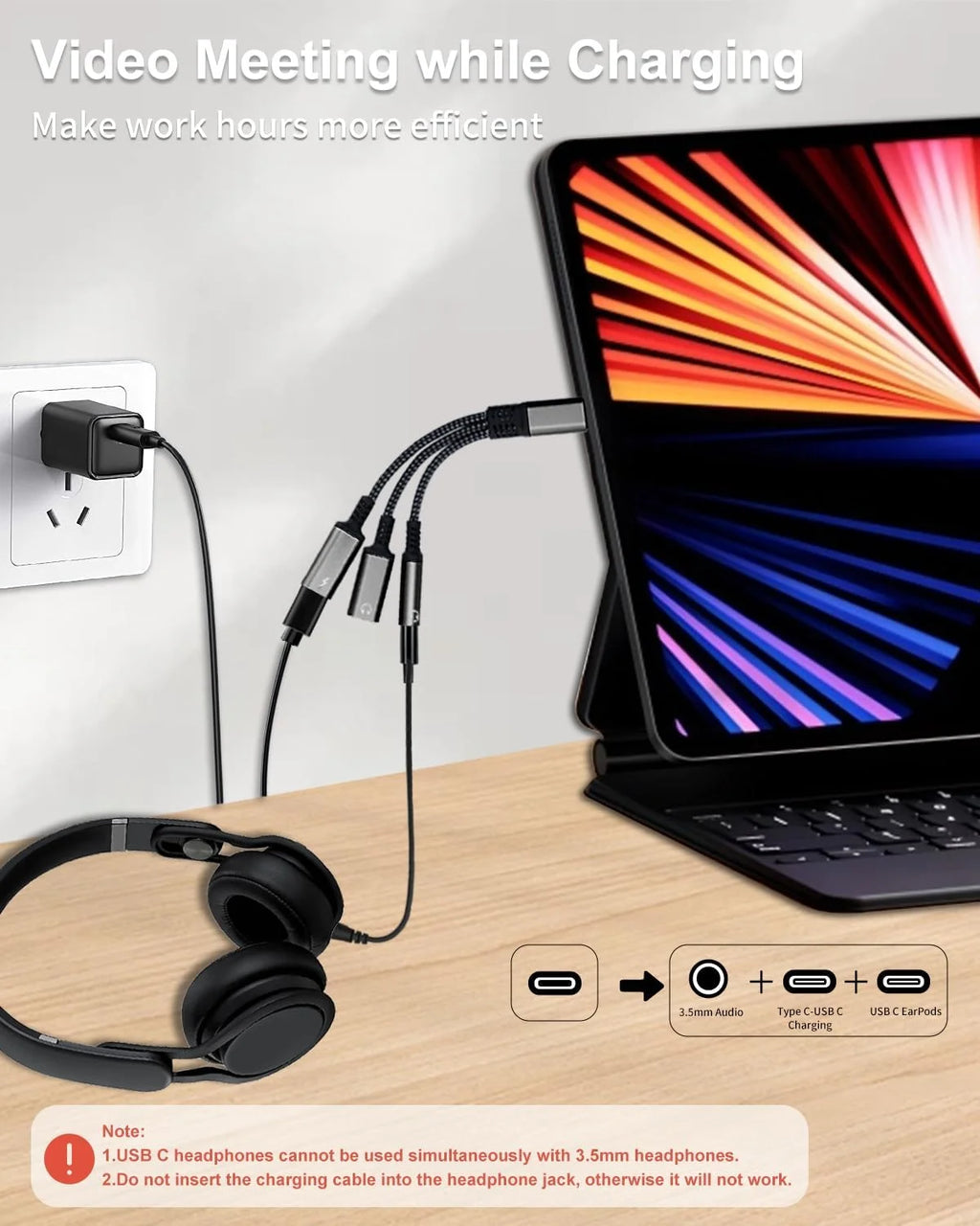 USB-C to 3.5mm Headphone & Charger Adapter 3-in-1 60W PD Fast Charging Audio DAC
