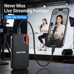 Hard disk drive with a smartphone displaying live streaming footage, set against a backdrop of a live streamer on stage.