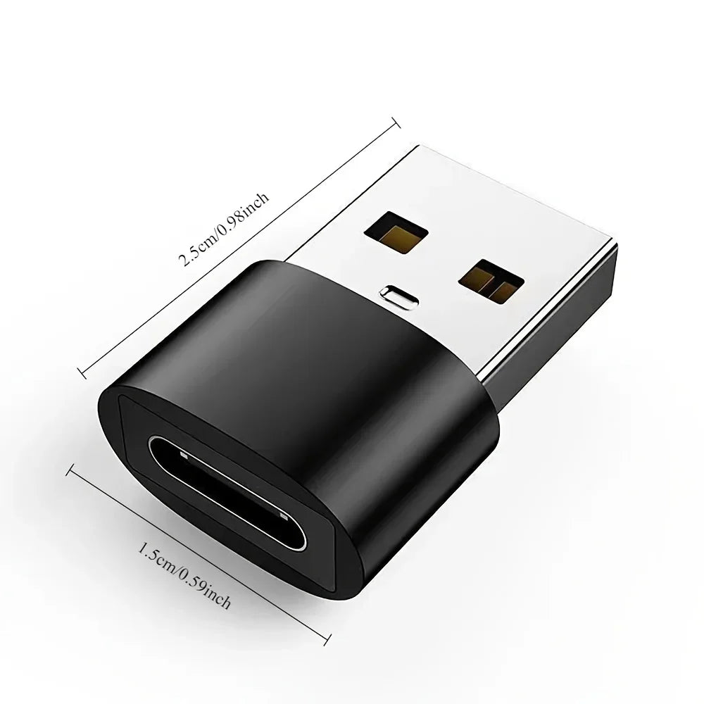 Black USB-C adapter with dimensions on a white background