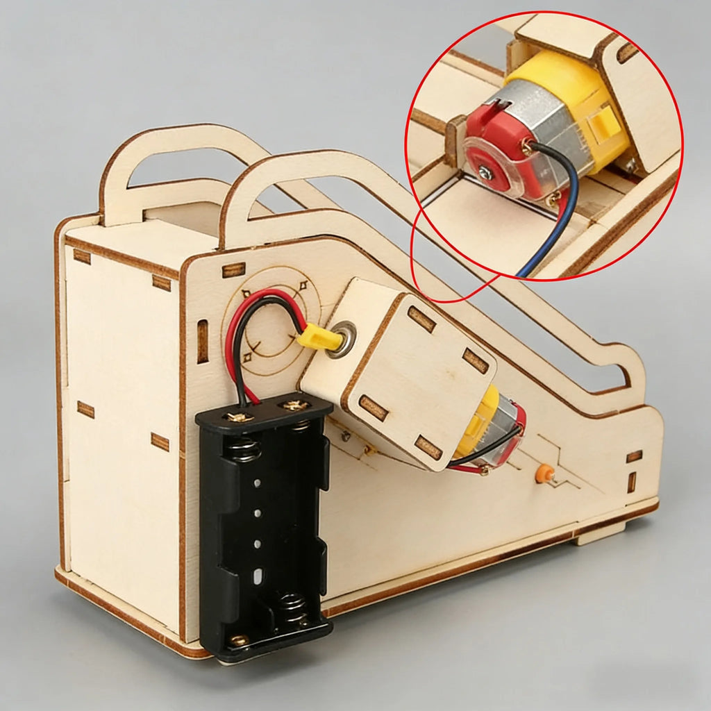 Wooden mechanical model with electronic components on a gray background