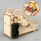 Wooden mechanical model with electronic components on a gray background