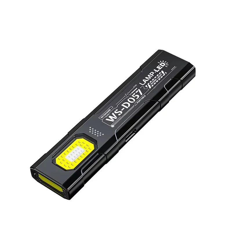 Black LED flashlight with yellow light on a white background