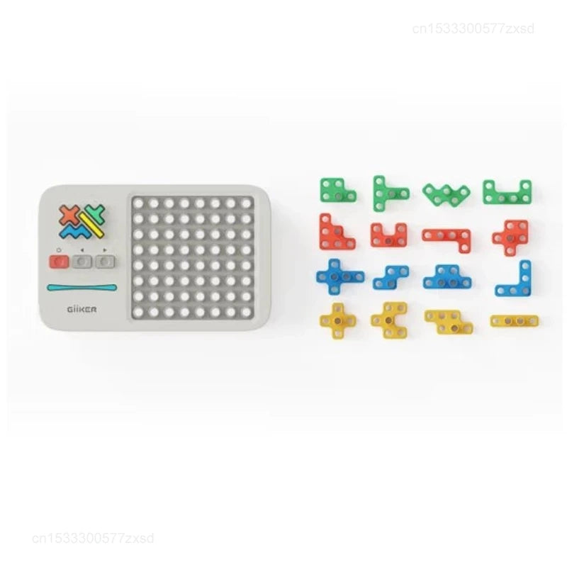 Educational toy with a control panel and colorful interlocking pieces on a white background