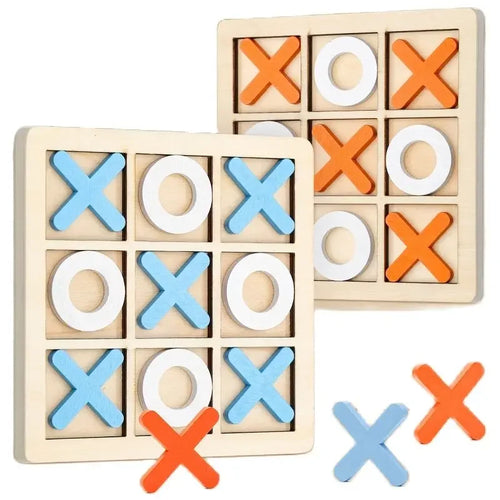 Wooden tic-tac-toe game set with colorful markers on a white background