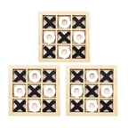 Three wooden tic-tac-toe boards with Xs and Os on a white background