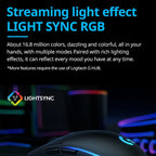 Advertisement for Logitech G LIGHTSYNC RGB lighting effects with text and product in the background.