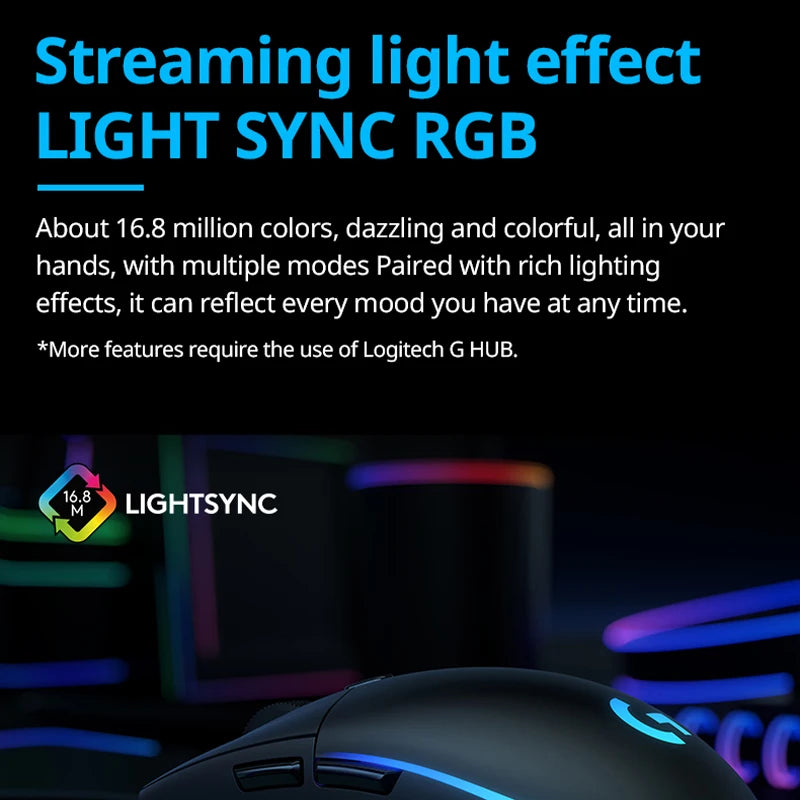 Advertisement for Logitech G LIGHTSYNC RGB lighting effects with text and product in the background.
