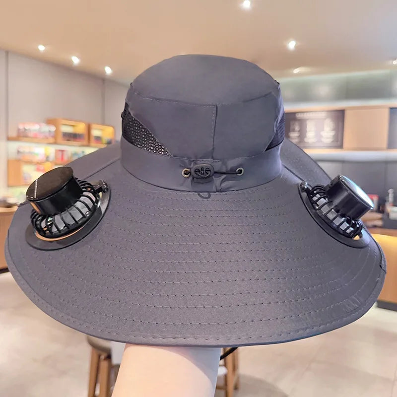 Solar Sun Hat with Cooling Fan – UV Protection Outdoor Bucket Hat for Camping & Fishing