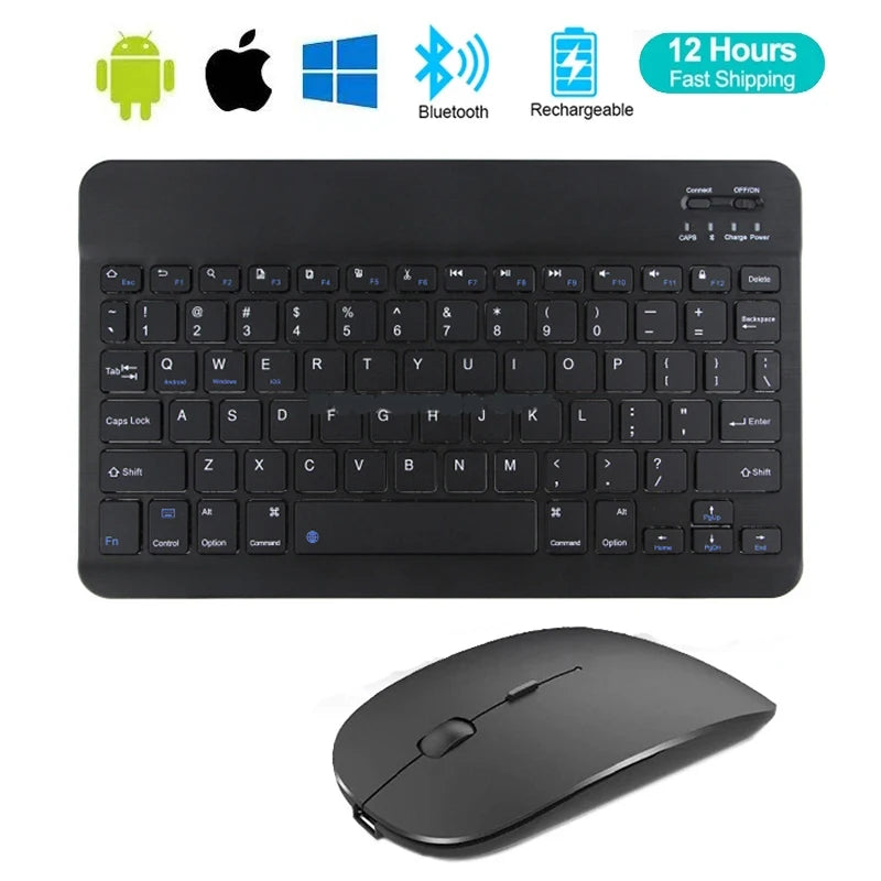 Black wireless keyboard and mouse set with compatibility icons on a white background