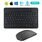 Black wireless keyboard and mouse set with compatibility icons on a white background
