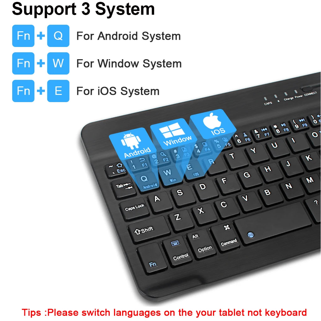 Keyboard with icons for Android, Windows, and iOS systems on a white background