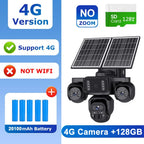 A 4G solar-powered security camera kit with three black cameras, dual solar panels, a 128GB SD card graphic, four blue batteries, and feature callouts on a blue and white background.