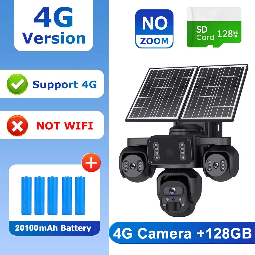 A 4G solar-powered security camera kit with three black cameras, dual solar panels, a 128GB SD card graphic, four blue batteries, and feature callouts on a blue and white background.
