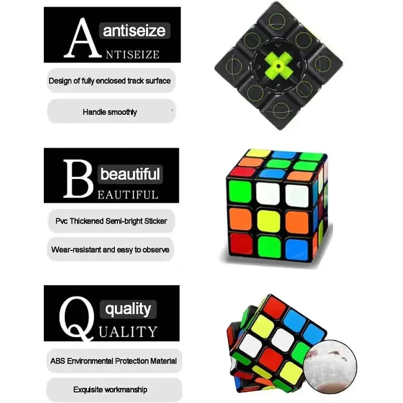 Collage of Rubik's Cube with text about product features on a white background