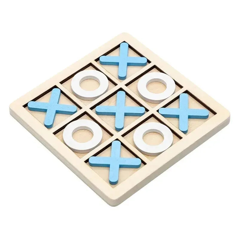 Wooden tic-tac-toe game with blue and white symbols on a white background