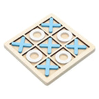 Wooden tic-tac-toe game with blue and white symbols on a white background