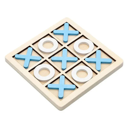 Wooden tic-tac-toe game with blue and white symbols on a white background